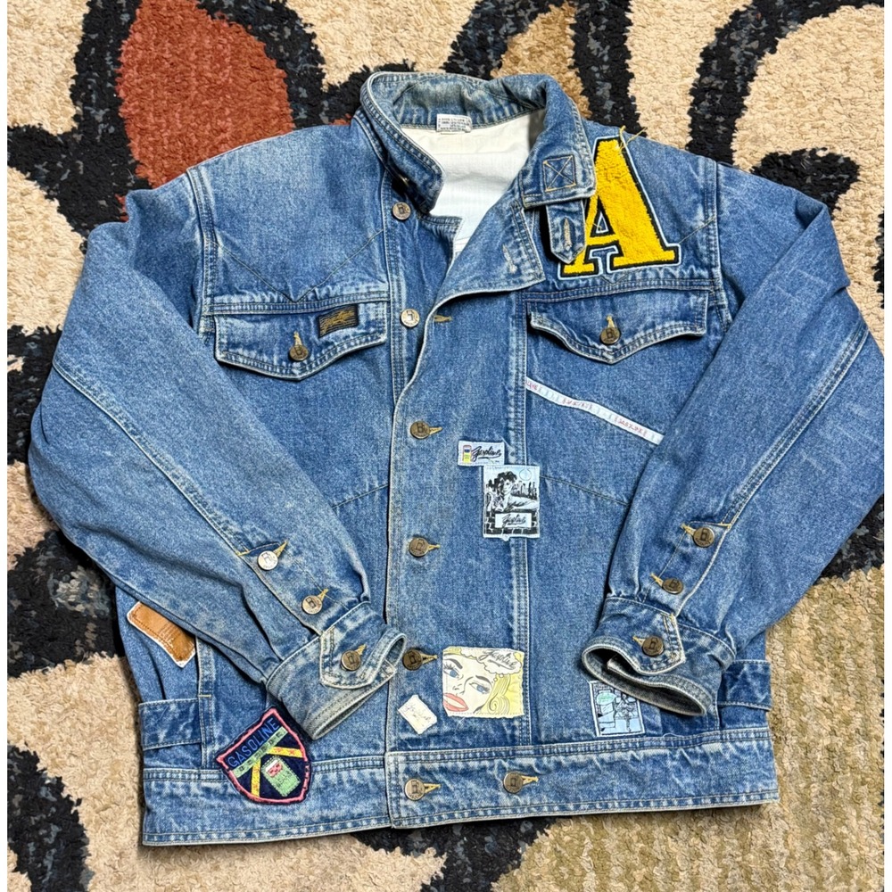 Gasoline Vintage Denim Jacket Medium Wash Graphic Patch Letterman Blue Junior M